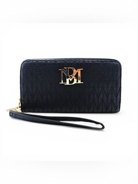 Badgley Mischka Black Quilted Vegan Leather Zip Around Wristlet Wallet Gold Logo
